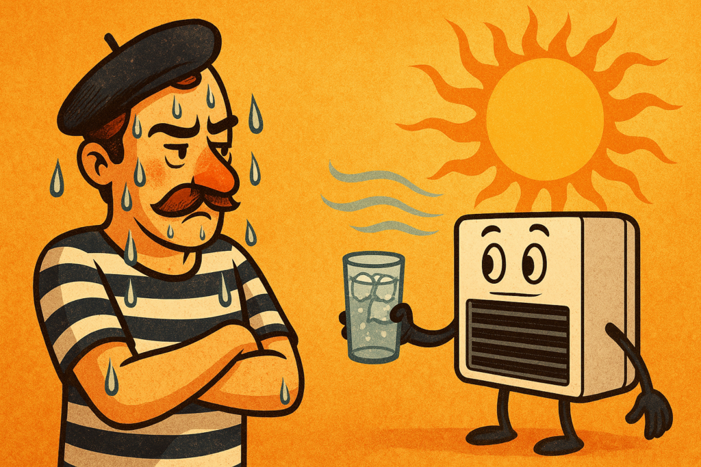Illustration : Un français cliché (béret et moustache) transpire devant le soleil. Il refuse l'aide d'un climatiseur qui lui tend un verre d'eau avec des glaçons.