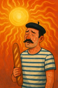 Illustration : Un français cliché avec béret, moustache et baguette à la main a chaud et transpire sous le soleil.