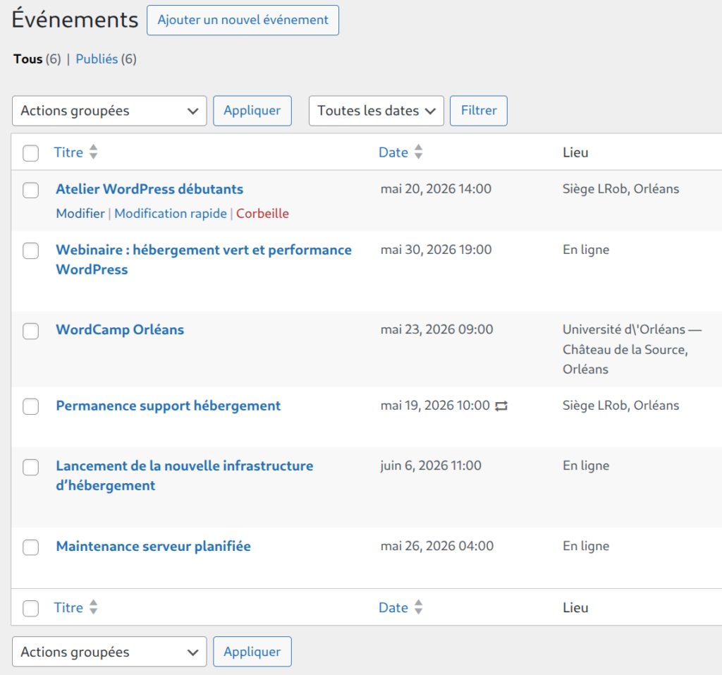 Liste des événements admin