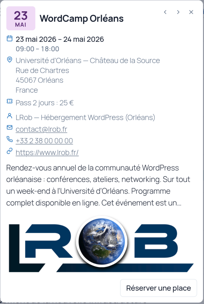 Calendrier vue carte événement